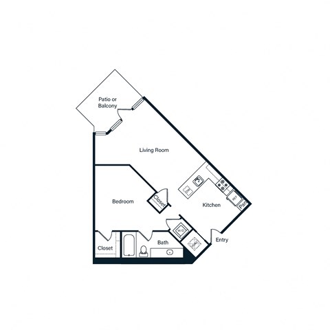 Floor plan for 1 bed, 1 bath, 733 sqft